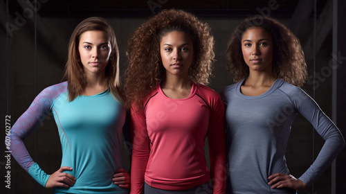 three women wearing sportwear in a gym standing looking at camera.  Image generative AI. photo