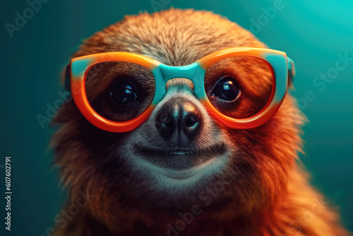 Cute sloth wearing sunglasses. animal on summer vacation, animal illustration. Ai generative © zamuruev