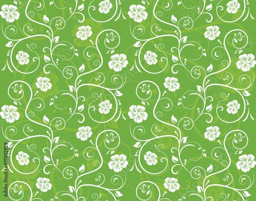 Seamless vector texture of overlying layers of floral elements and scrolls.