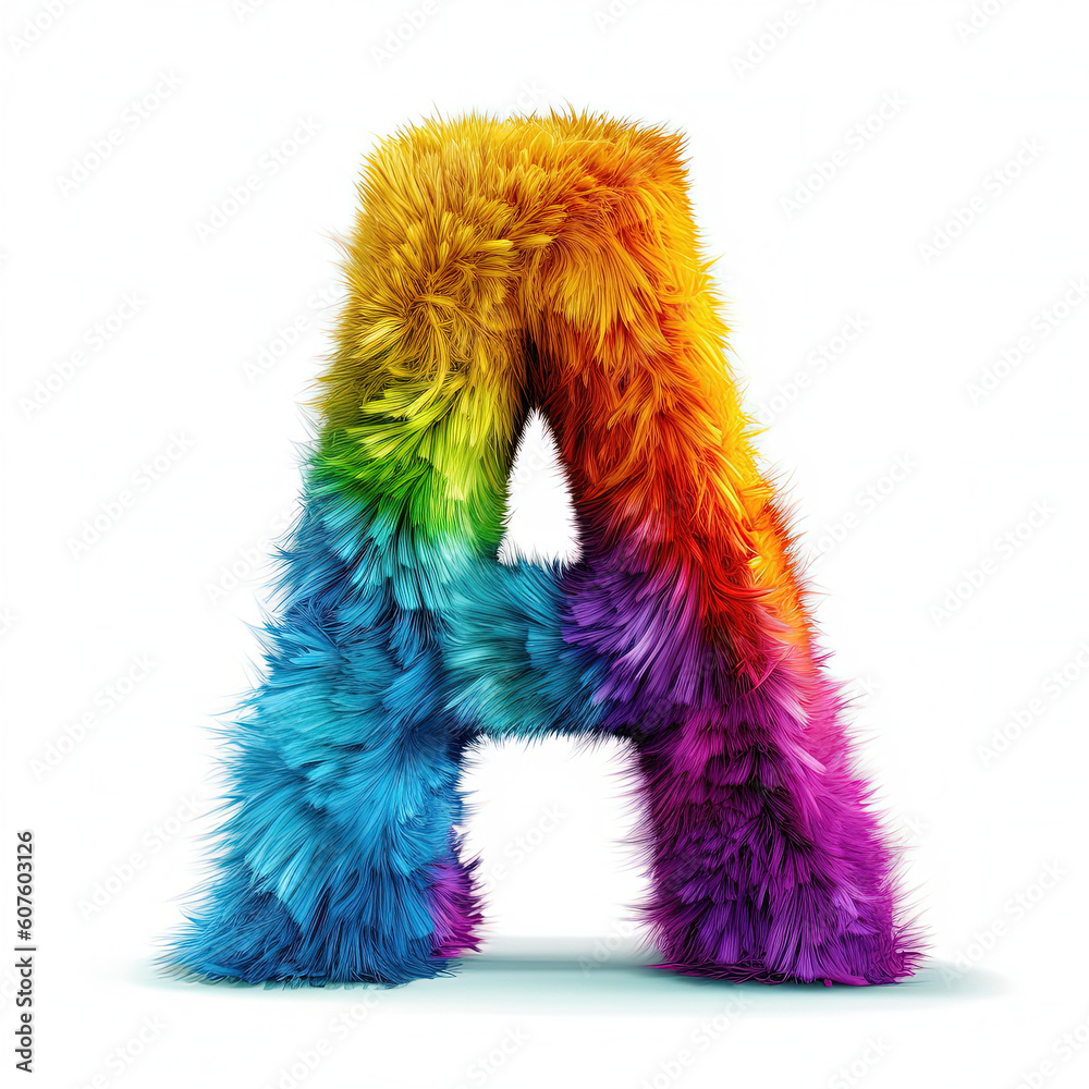 Furry letter in rainbow pride colors made of fur and feathers. Capital A