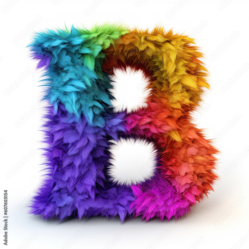 Furry letter in rainbow pride colors made of fur and feathers. Capital B