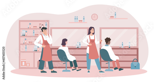 Beauty salons concept. Barbershop, hairdressers in beauty salon with clients. Aesthetics and elegance. Team of stylists with chairs and mirrors. Cartoon flat vector illustration