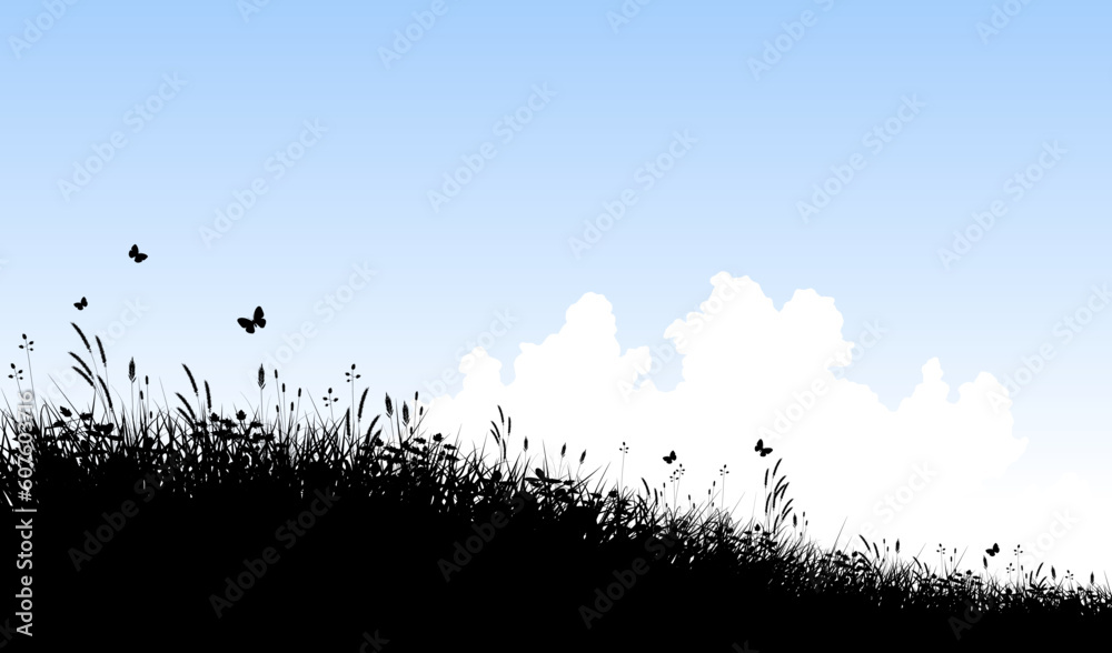Obraz premium Editable vector silhouette of a grassy meadow and clouds with copy space
