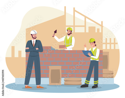 Builders with bricks. Men in protective uniforms build house and building. Engineer with workers with tools. Urban architecture and skyscraper. Cartoon flat vector illustration