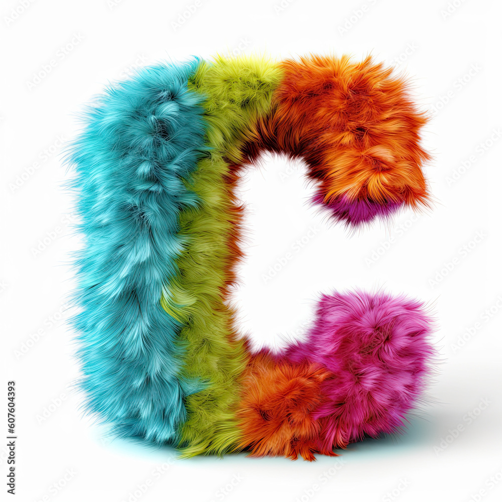 Furry letter in rainbow pride colors made of fur and feathers. Capital C Furry letter in rainbow pride colors made of fur and feathers. Capital C