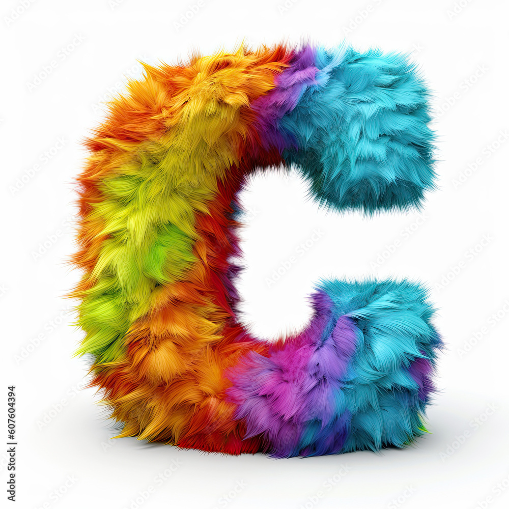 Furry letter in rainbow pride colors made of fur and feathers. Capital C