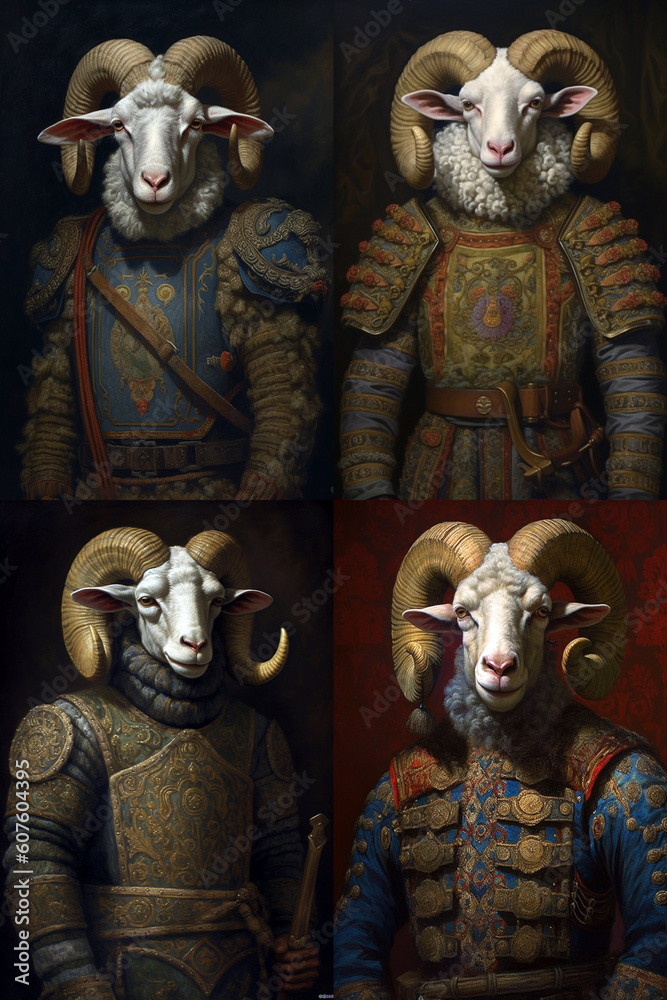Simulation of a classic oil painting of a goat in military clothing in the classical style