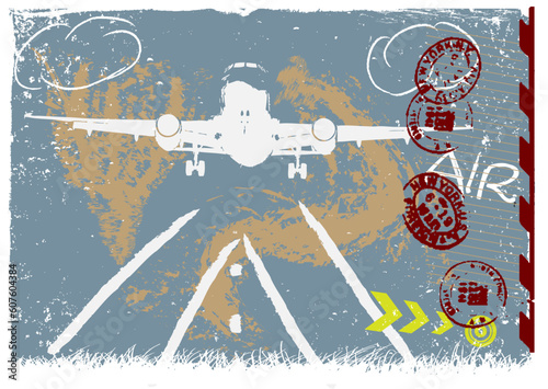 vector grunge background with airliner and stamps