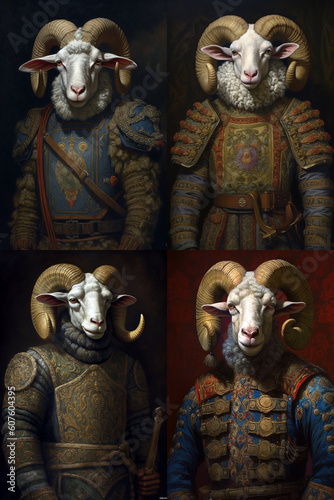 Simulation of a classic oil painting of a goat in military clothing in the classical style