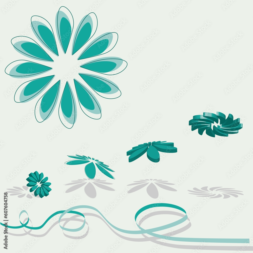 Obraz premium 3D flying of a collection of green flowers with shade and ribbon