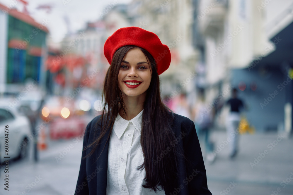 Obraz premium Happiness woman jumps and runs, follow me walks walks in the city against the backdrop of office buildings, stylish fashionable vintage clothes and make-up, spring walk, travel.