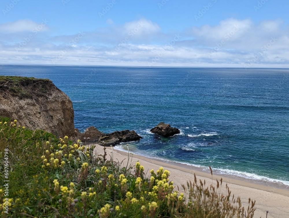view of the coastal cliffs and Pacific Ocean beach in Half Moon Bay, California