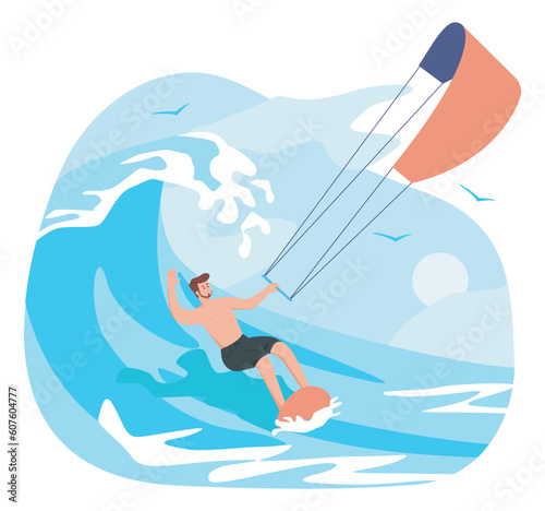 Concept of kitesurfing. Man on board with parachute rides on waves. Active lifestyle and extreme sports. Holidays in tropical and exotic countries in hot weather. Cartoon flat vector illustration