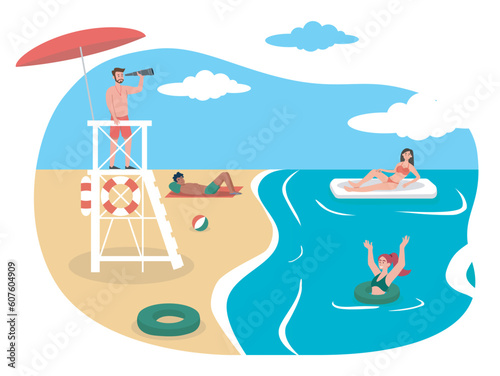 Lifeguard on beach. Man with binoculars stands on tower and watches rest. Summer holidays recreation. Tower ensuring safety at coastline, beach. Cartoon flat vector illustration