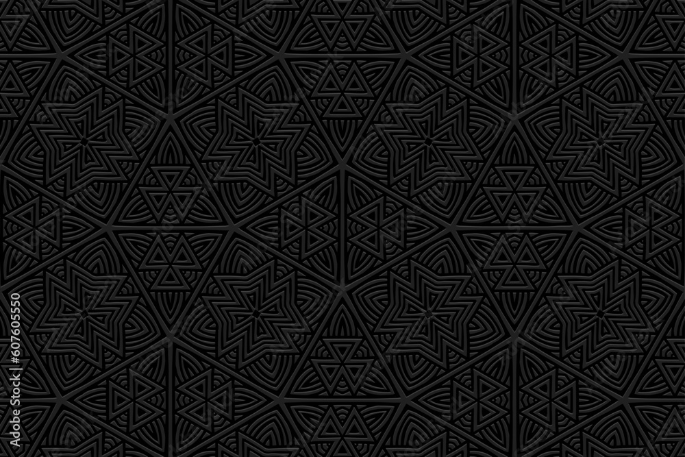 Embossed black background, unique cover design. Geometric ornamental 3D pattern, press paper, leather. Boho, handmade. Tribal color, original ethnos of the East, Asia, India, Mexico, Aztec, Peru. Embossed black background, unique cover design. Geometric ornamental 3D pattern, press paper, leather. Boho, handmade. Tribal color, original ethnos of the East, Asia, India, Mexico, Aztec, Peru.