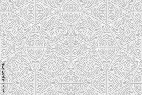 Embossed white background, vintage cover design. Geometric ornamental 3D pattern, press paper, leather. Boho, handmade. Tribal color, original ethnos of the East, Asia, India, Mexico, Aztec, Peru.