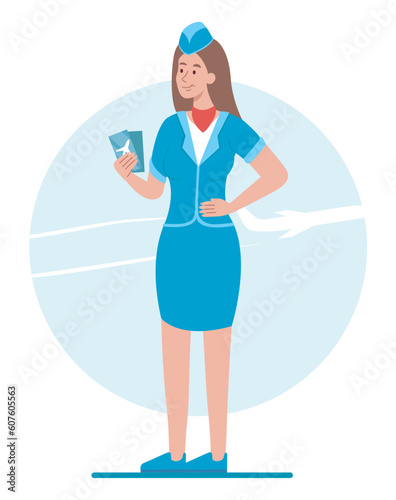 Stewardess with tickets. Woman in uniform holding airplane pass. Flight, travel and tourism. Airport worker and attendants, hostess in blue suit. Cartoon flat vector illustration