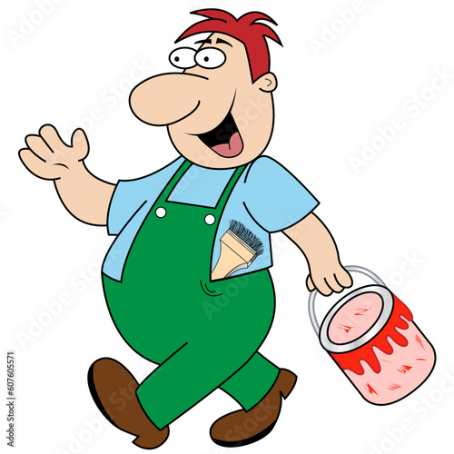 Happy painter and decorator cartoon character walking to his next job holding a pot of red paint. Paint brush stuck down his overalls.