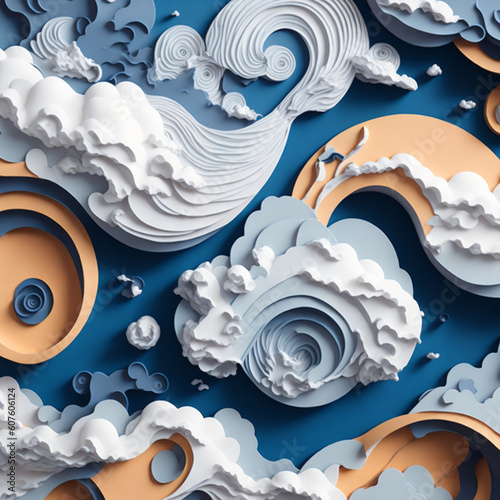 A detailed illustration of clouds quilled paper, intricated details, abstract design,3D vector art