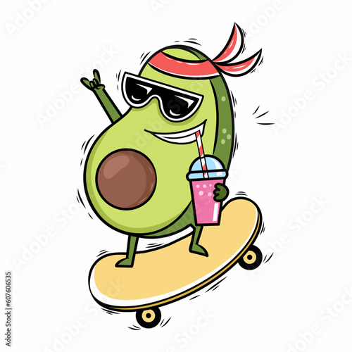 Cool avocado rides skateboard and drinks cocktail with straw. Funny summer illustration in doodle style.