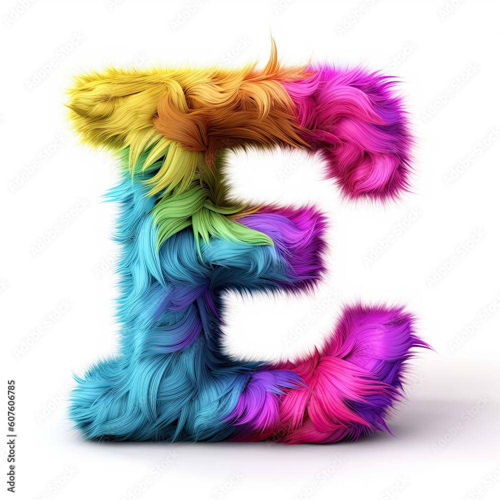 Furry letter in rainbow pride colors made of fur and feathers. Capital E Furry letter in rainbow pride colors made of fur and feathers. Capital E