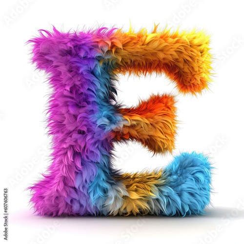 Furry letter in rainbow pride colors made of fur and feathers. Capital E