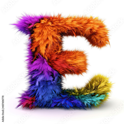 Furry letter in rainbow pride colors made of fur and feathers. Capital E