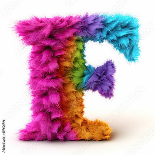 Furry letter in rainbow pride colors made of fur and feathers. Capital F