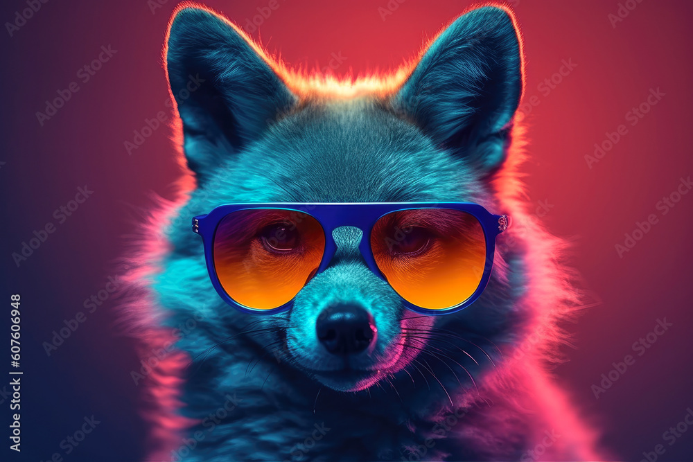 Cute wolf wearing sunglasses. animal on summer vacation, animal illustration. Ai generative