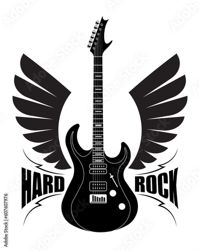 Hard rock design illustration with electric guitar and pair of wings for poster or other decor.