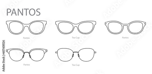 Set of Pantos frame glasses fashion accessory illustration. Sunglass front view for Men, women, unisex silhouette style, flat rim spectacles eyeglasses with lens sketch style outline isolated on white