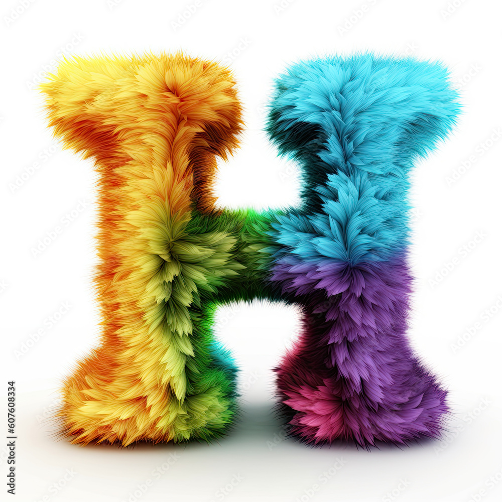 Furry letter in rainbow pride colors made of fur and feathers. Capital H