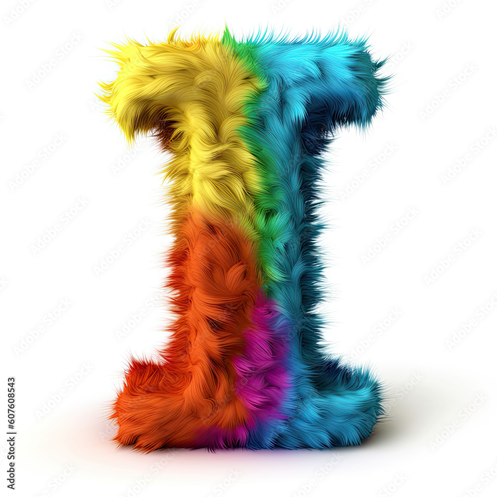 Furry letter in rainbow pride colors made of fur and feathers. Capital I Furry letter in rainbow pride colors made of fur and feathers. Capital I