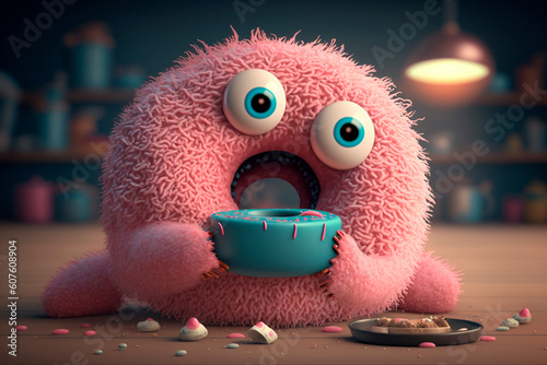 Eating donut with appetite. Generative AI. Funny pink donut-like monster eats doughnut. National Donut Day or Fat Thursday. Image for children's book, pizzeria, notebook, signboard, cafe, Puzzle photo