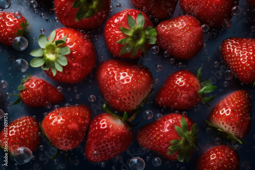 Water drops on ripe strawberry. Fresh berry background  Texture. ai  ai generative  generative ai  neural network