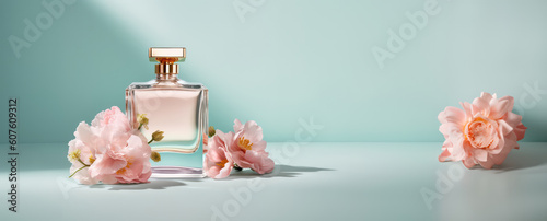 luxury glass or crystal perfume bottle with flowers background in pink green theme as wide banner with copy space area - Generative AI photo