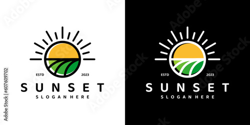 Sunset logo design template with farmland landscape graphic design vector illustration. Symbol, icon, creative.