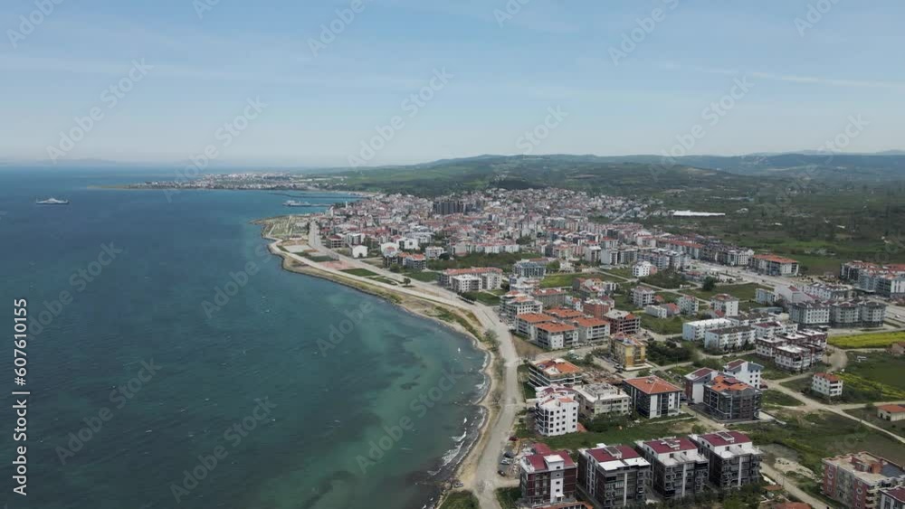 Aerial view of Lapseki, a small town along the coast on Dardanelles Strait, Canakkale, Turkey. Aerial view of Lapseki, a small town along the coast on Dardanelles Strait, Canakkale, Turkey.