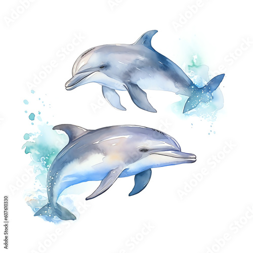 AI generated  Playful Dolphin - Whimsical Watercolor Illustration of a Graceful Mammal  Perfect for Baby Showers and Postcards.