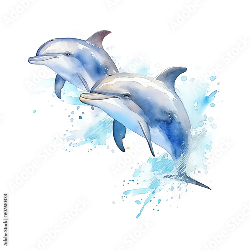 Photography AI generated: Playful Dolphin - Whimsical Watercolor Illustration of a Graceful Mammal, Perfect for Baby Showers and Postcards