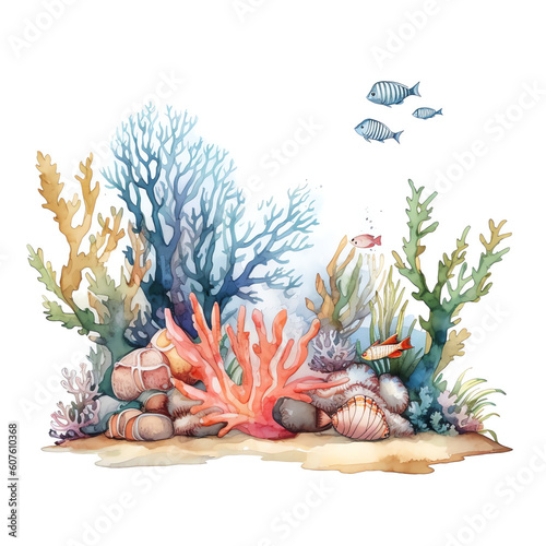 AI generated Underwater Fantasy: Vibrant Marine Life in a Dreamlike Watercolor Illustration