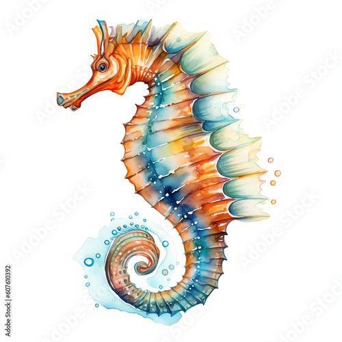 AI generated Watercolor Sea Horse: Delicate, Vibrant, and Ethereal Underwater Illustration of an AI Generated Sea Horse on a White Background.