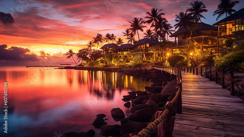 Exotic tropical paradise. Beautiful waterfront village in the distance