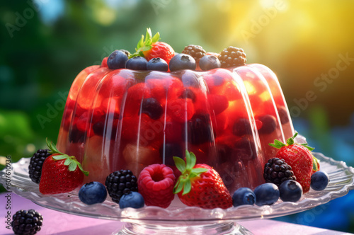 Close-up view of berry jelly mold cake adorned with an assortment of fresh berries on a glass cake stand.  Generative AI.