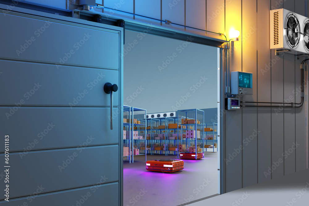 Freezing equipment. Industrial storage. Entrance to freezing warehouse ...