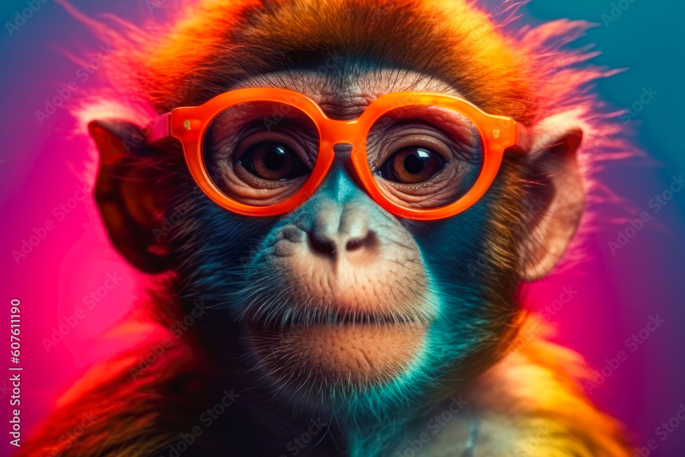 Cute monkey wearing glasses. animal on summer vacation, animal illustration. Ai generative