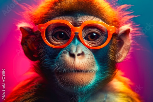 Cute monkey wearing glasses. animal on summer vacation, animal illustration. Ai generative