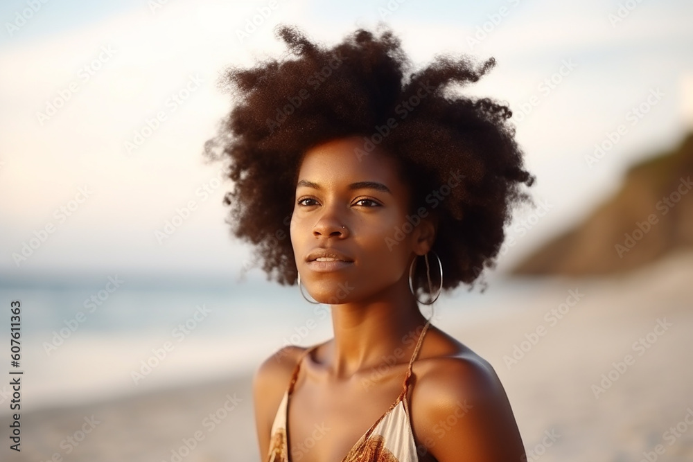 Young pretty afro-american woman on a beach. Generative AI Young pretty afro-american woman on a beach. Generative AI