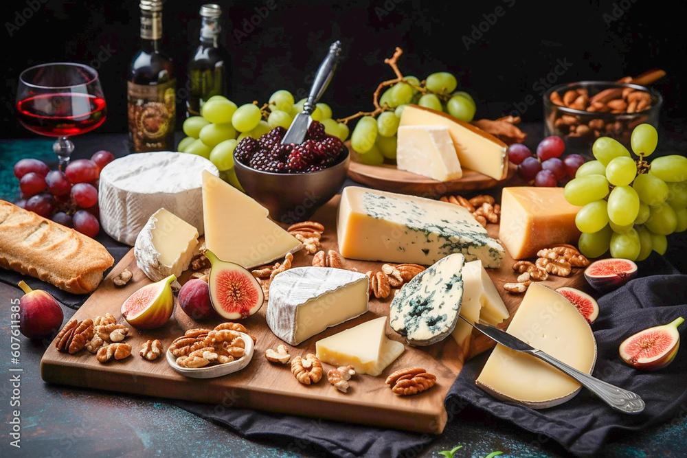Cheese plate with different types of cheese and fruits. Generative AI