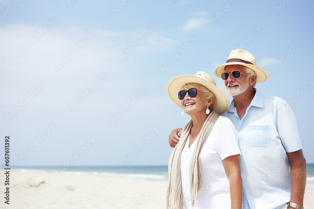 Senior couple travelling on the seaside, copyspace. Generative AI